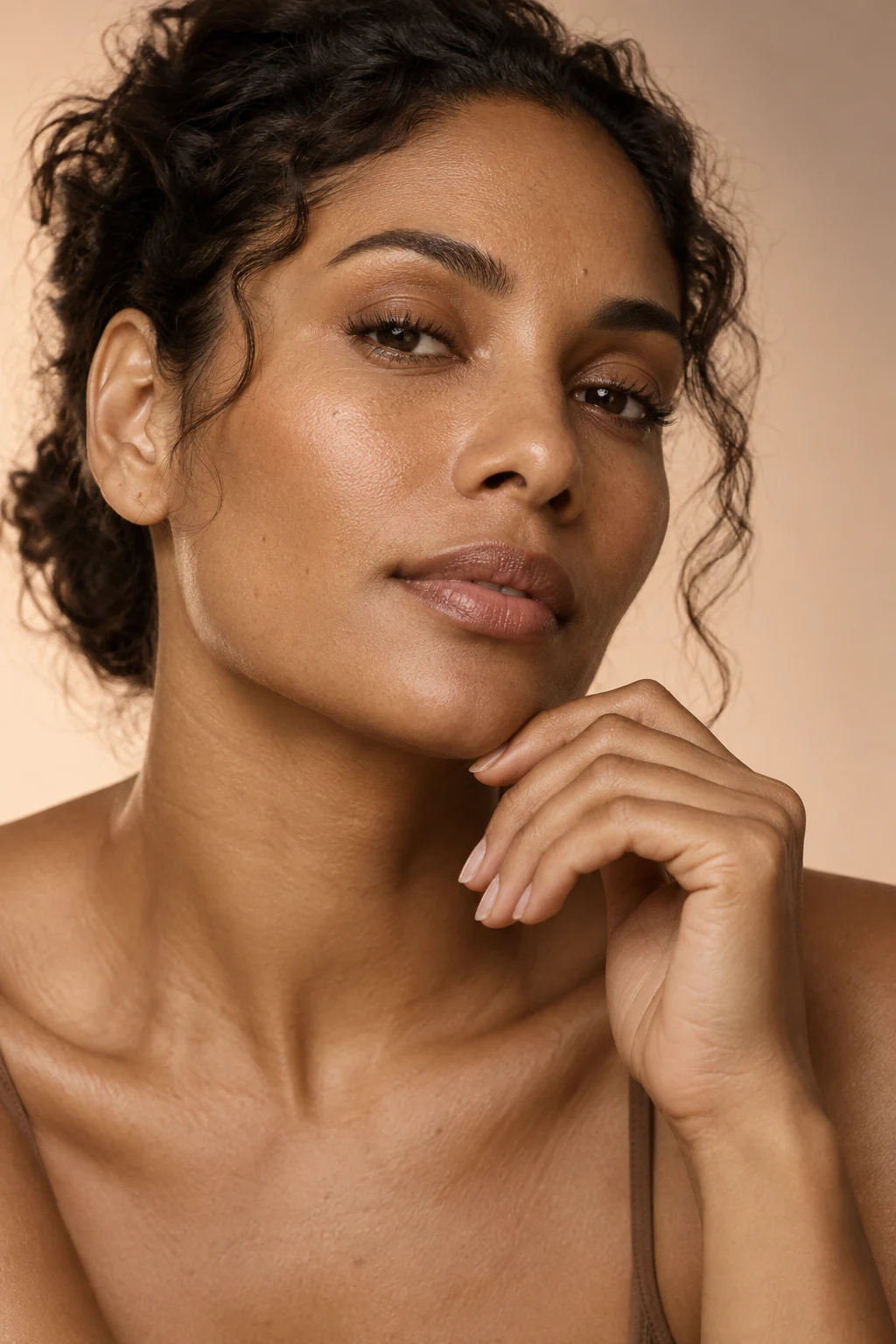 Close editorial de uma mulher com pele natural e a mão delicadamente próxima ao rosto